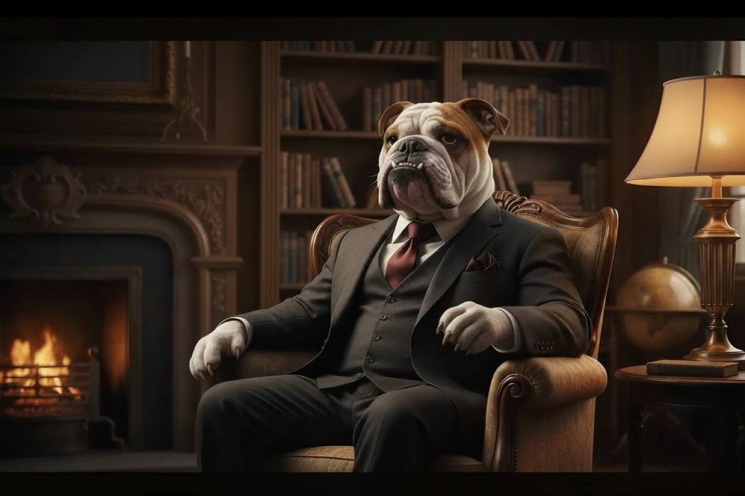 Bulldog don by the fire