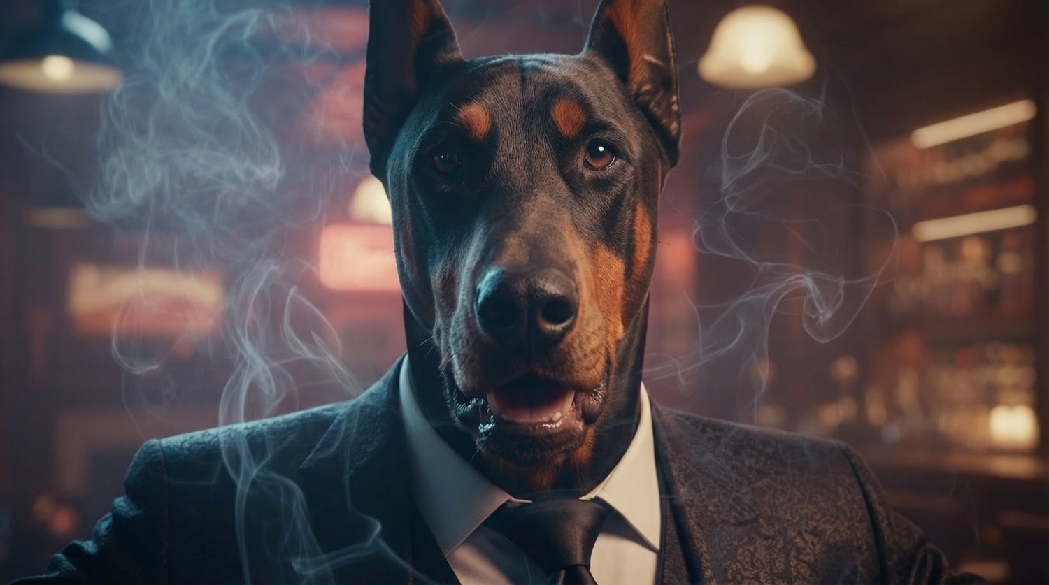 Doberman in noir smoke